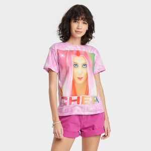 CHER Light Pink White Tie Dye Rainbow Crewneck Short Sleeve Graphic Tee